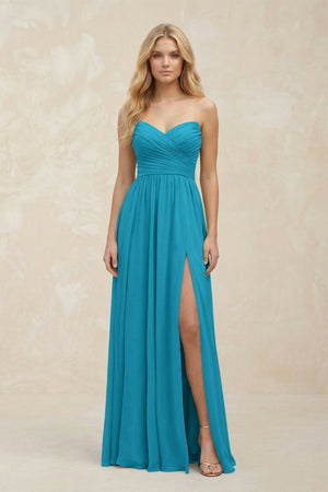 A - Line Sweetheart Pleated Chiffon Bridesmaid Dress in Blue Jay - KISS BRIDAL Bridesmaid Dresses