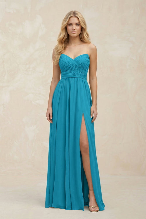 A - Line Sweetheart Pleated Chiffon Bridesmaid Dress in Blue Jay - KISS BRIDAL Bridesmaid Dresses