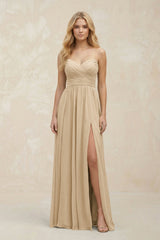 A-Line Sweetheart Pleated Chiffon Bridesmaid Dress in Champagne | KISSBRIDAL