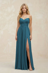 A - Line Sweetheart Pleated Chiffon Bridesmaid Dress in Dark Teal - KISS BRIDAL Bridesmaid Dresses