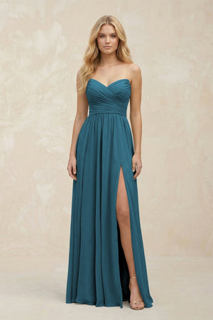 A - Line Sweetheart Pleated Chiffon Bridesmaid Dress in Dark Teal - KISS BRIDAL Bridesmaid Dresses