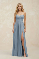 A-Line Sweetheart Pleated Chiffon Bridesmaid Dress in Dusty Blue | KISSBRIDAL