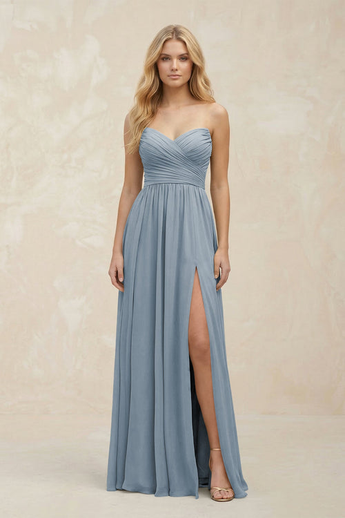 A-Line Sweetheart Pleated Chiffon Bridesmaid Dress in Dusty Blue | KISSBRIDAL
