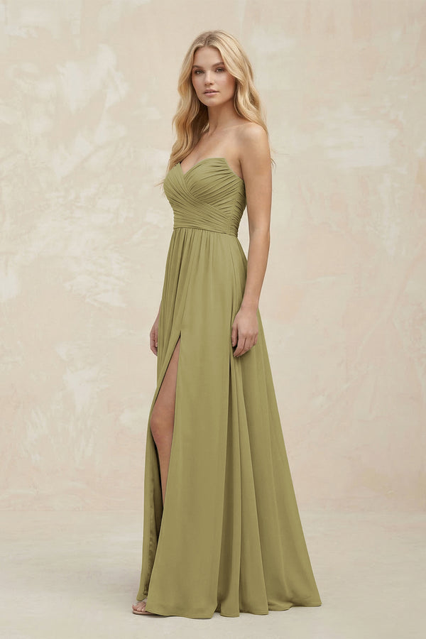 A-Line Sweetheart Pleated Chiffon Bridesmaid Dress in Moss Green (3) | KISSBRIDAL