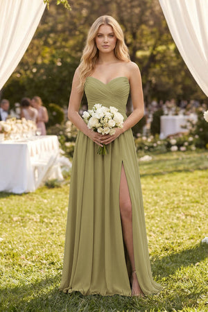 A-Line Sweetheart Pleated Chiffon Bridesmaid Dress in Moss Green (4) | KISSBRIDAL