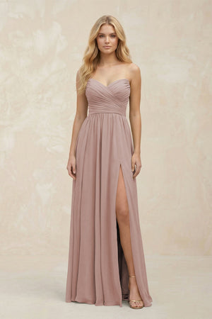A-Line Sweetheart Pleated Chiffon Bridesmaid Dress in Toffee | KISSBRIDAL