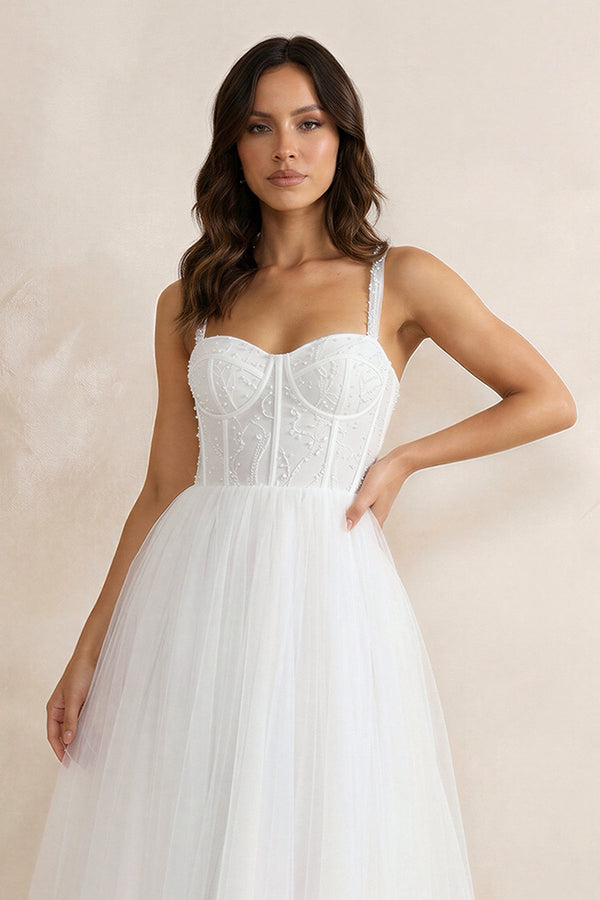 A - Line Sweetheart Satin Wedding Dresses with Ruffles in White - KISS BRIDAL Wedding Dresses