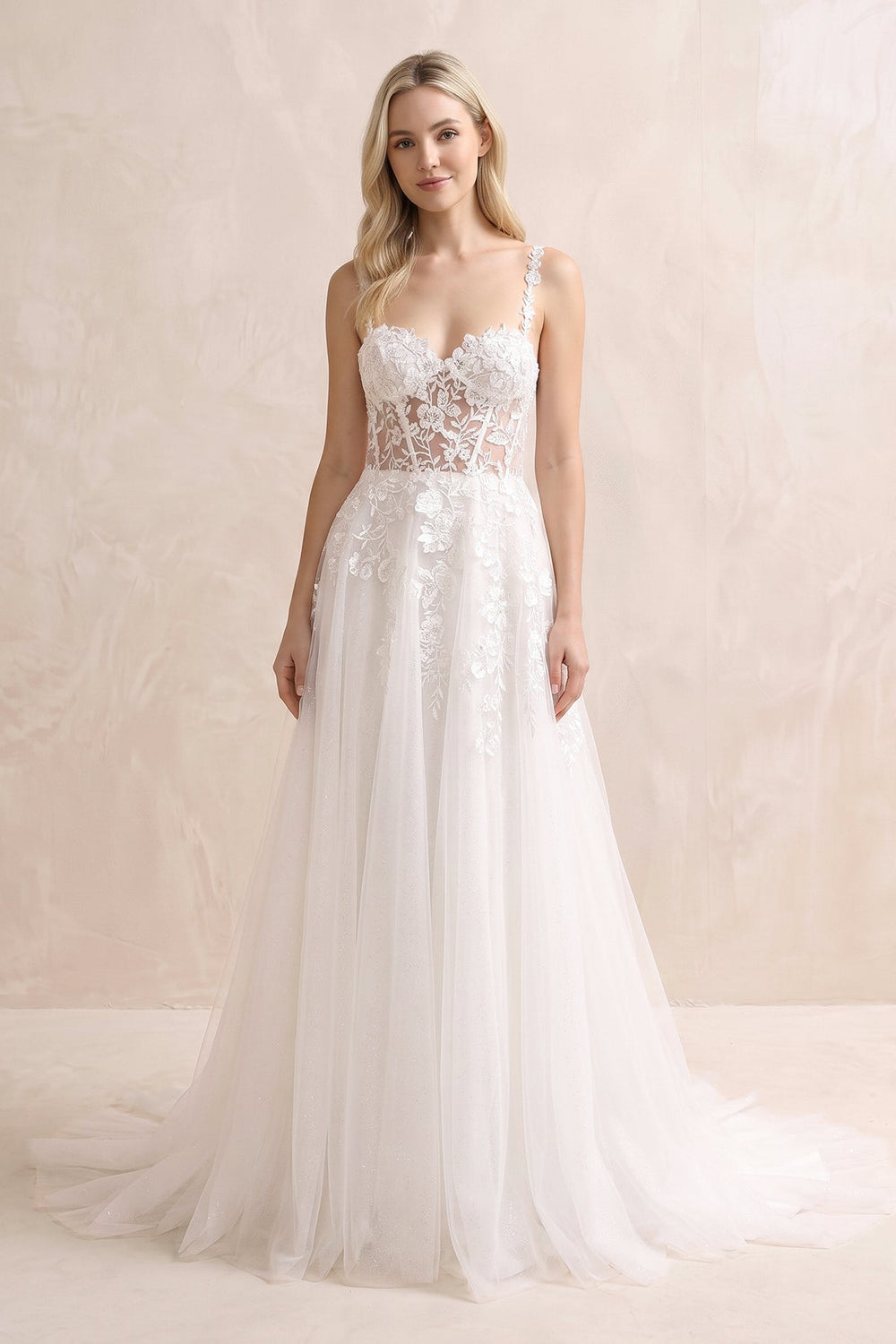 A Line Sweetheart Tulle Wedding Dresses with Appliques in White