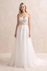 A Line Sweetheart Tulle Wedding Dresses with Appliques in White - KISS BRIDAL Wedding Dresses