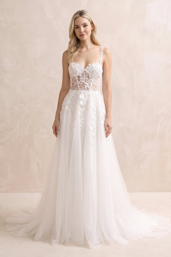 A Line Sweetheart Tulle Wedding Dresses with Appliques in White - KISS BRIDAL Wedding Dresses