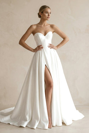 A - Line Sweetheart White Satin Wedding Dresses With Slit - KISS BRIDAL Wedding Dresses