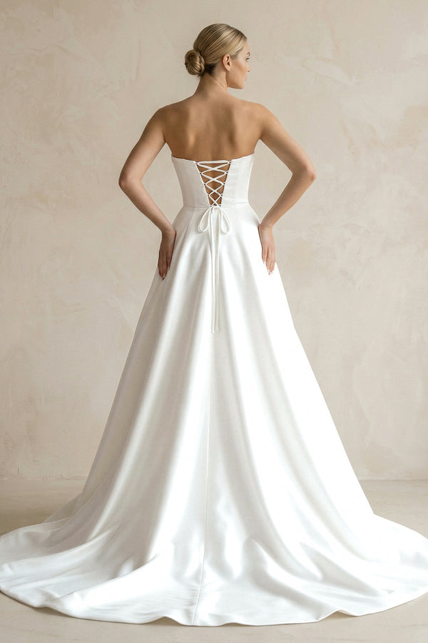 A - Line Sweetheart White Satin Wedding Dresses With Slit - KISS BRIDAL Wedding Dresses