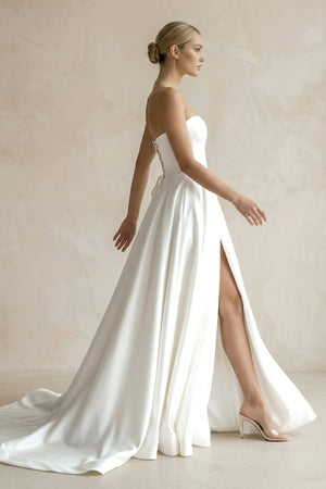 A - Line Sweetheart White Satin Wedding Dresses With Slit - KISS BRIDAL Wedding Dresses