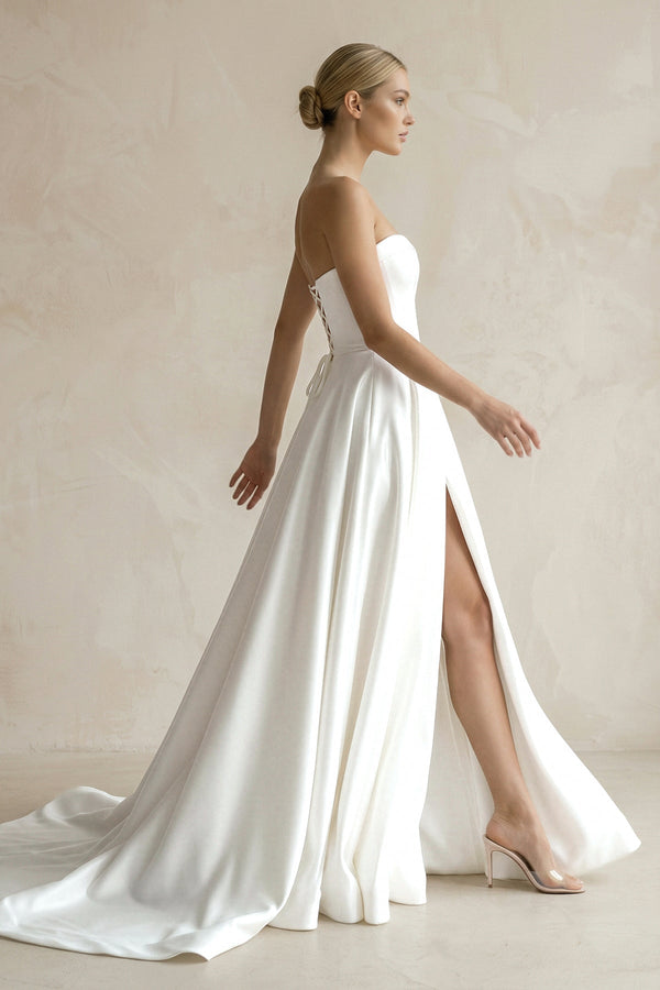 A - Line Sweetheart White Satin Wedding Dresses With Slit - KISS BRIDAL Wedding Dresses
