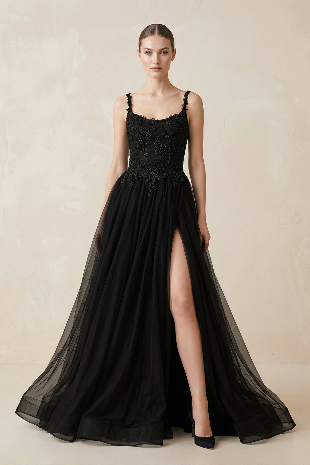 A-Line Tulle Appliqued Wedding Dress with Slit in Black