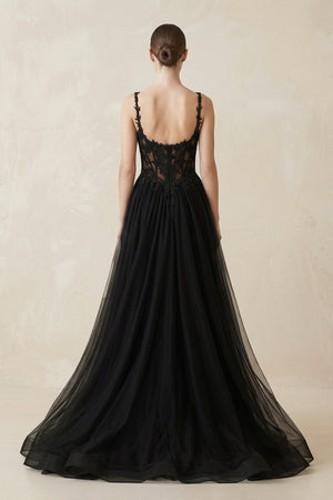 A - Line Tulle Appliqued Wedding Dress with Slit in Black - KISS BRIDAL Wedding Dresses