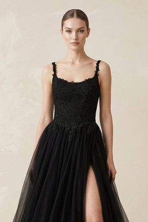 A - Line Tulle Appliqued Wedding Dress with Slit in Black - KISS BRIDAL Wedding Dresses