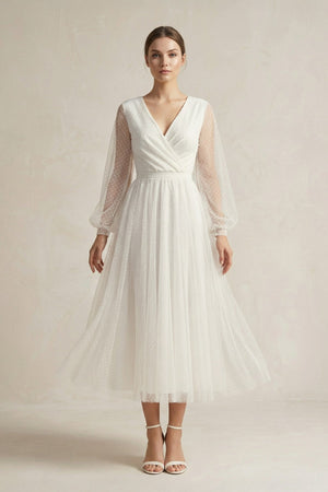 A Line Tulle Long Sleeves Wedding Dress in Ivory - KISS BRIDAL Wedding Dresses