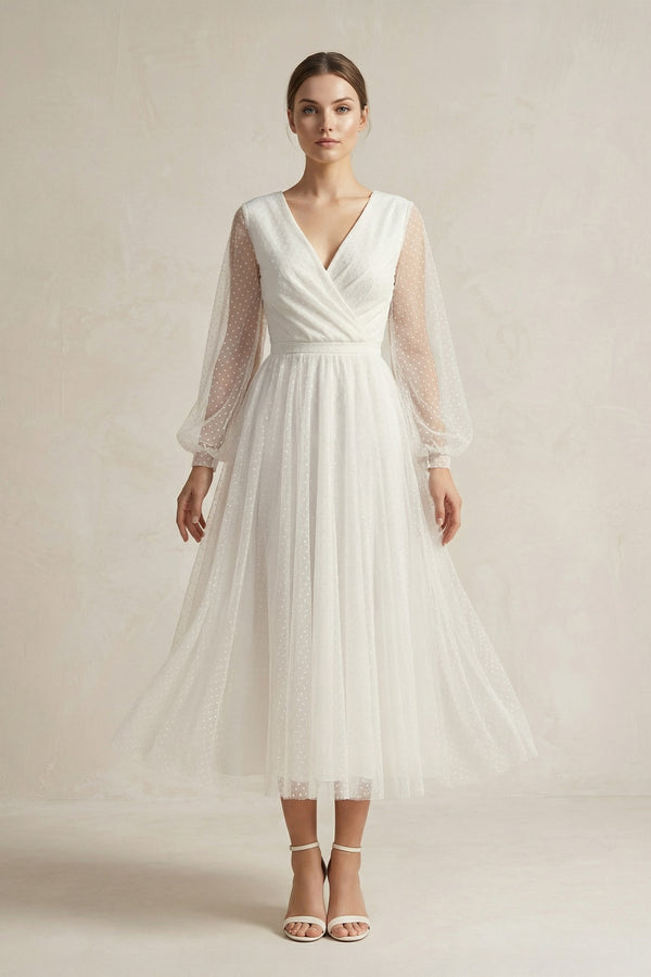 A Line Tulle Long Sleeves Wedding Dress in Ivory - KISS BRIDAL Wedding Dresses