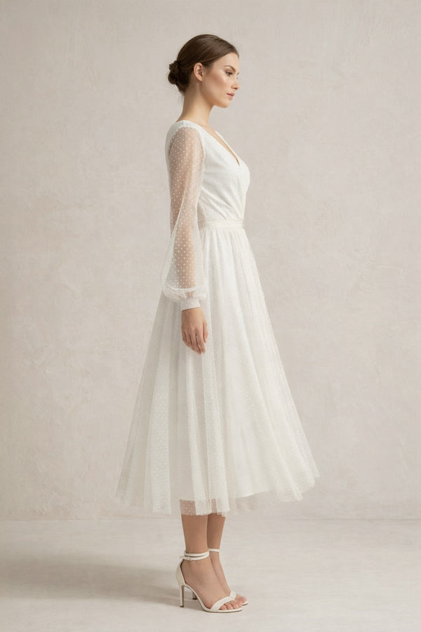 A Line Tulle Long Sleeves Wedding Dress in Ivory - KISS BRIDAL Wedding Dresses
