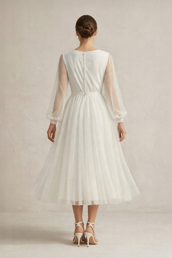 A Line Tulle Long Sleeves Wedding Dress in Ivory - KISS BRIDAL Wedding Dresses