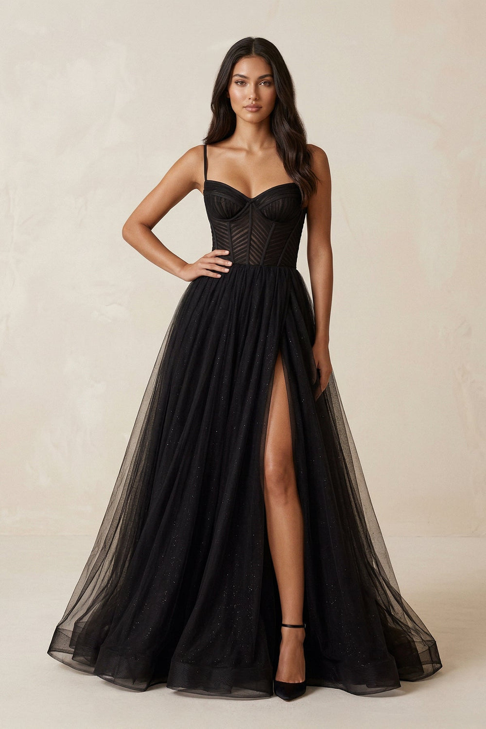 A-Line Tulle Sweetheart Corset Wedding Dress with Slit in Black