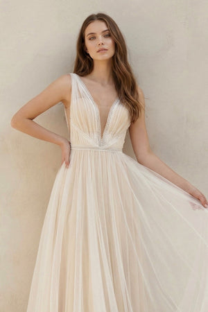 A - Line Tulle V - Neck Wedding Dress With Sequin in White and Nude - KISS BRIDAL Wedding Dresses