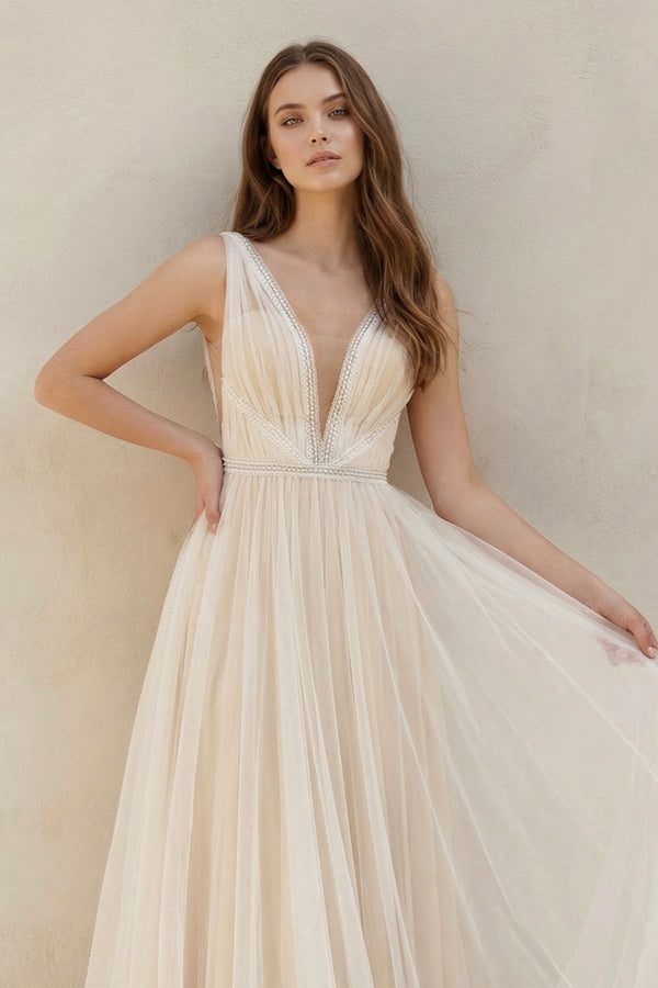 A - Line Tulle V - Neck Wedding Dress With Sequin in White and Nude - KISS BRIDAL Wedding Dresses