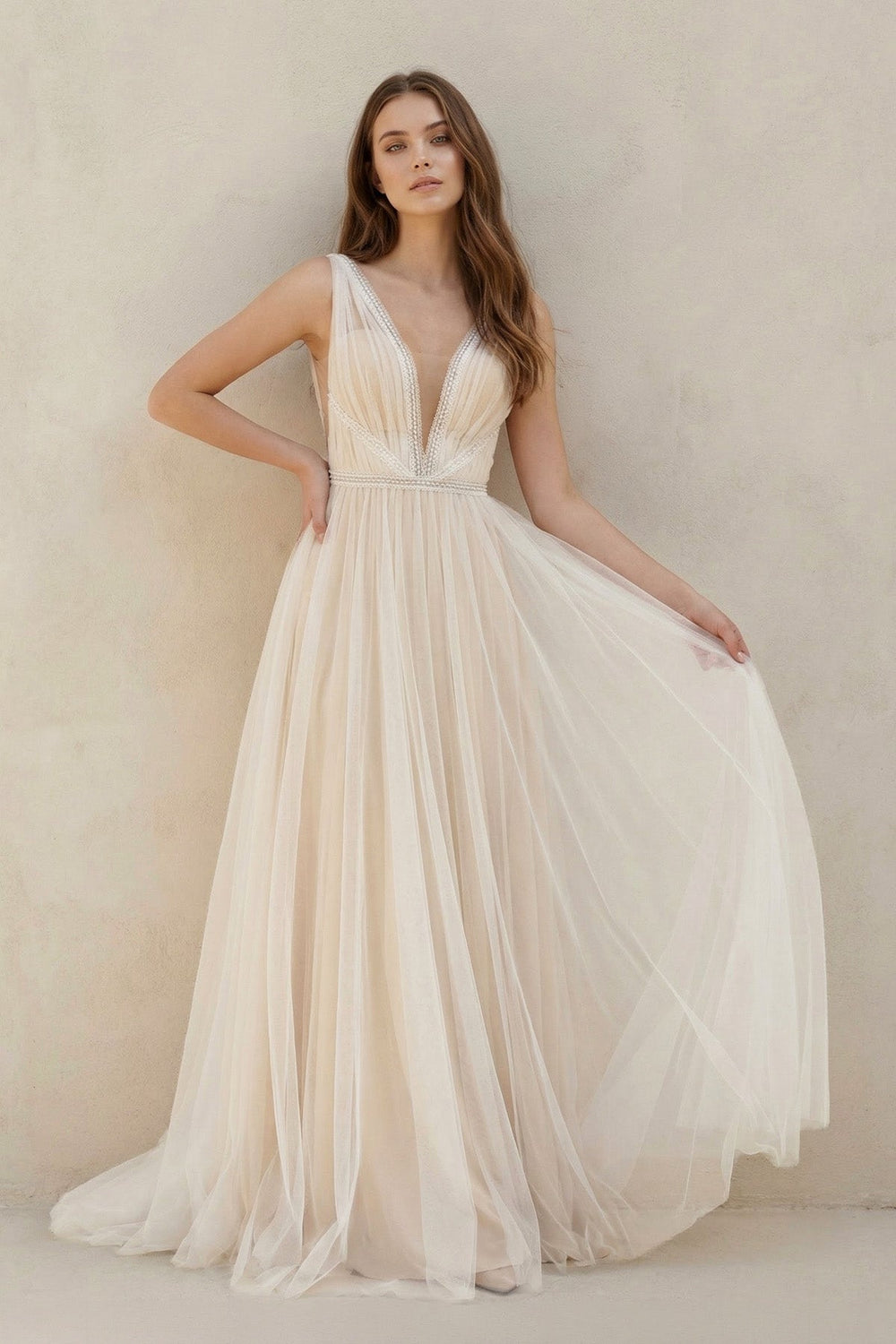 A-Line Tulle V-Neck Wedding Dress With Sequin in White and Nude