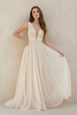 A - Line Tulle V - Neck Wedding Dress With Sequin in White and Nude - KISS BRIDAL Wedding Dresses