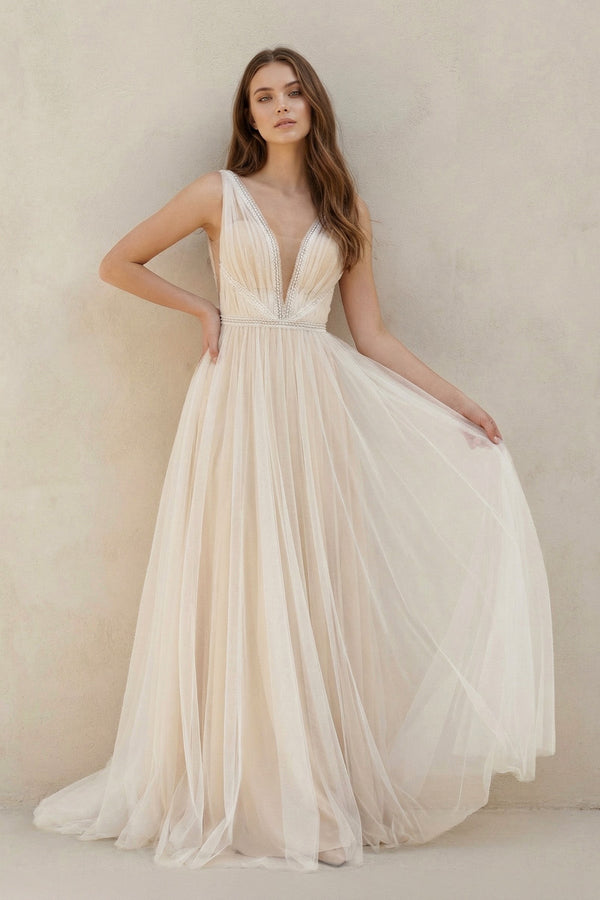 A - Line Tulle V - Neck Wedding Dress With Sequin in White and Nude - KISS BRIDAL Wedding Dresses