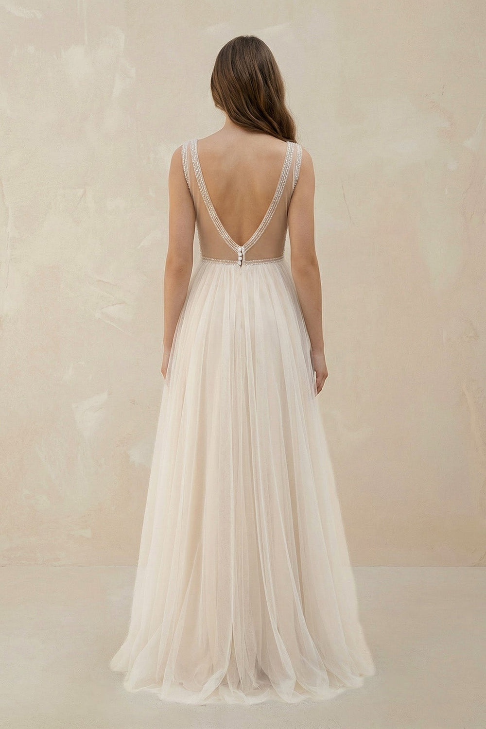 A-Line Tulle V-Neck Wedding Dress With Sequin in White and Nude