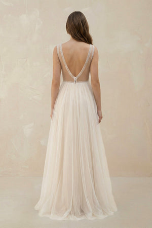 A - Line Tulle V - Neck Wedding Dress With Sequin in White and Nude - KISS BRIDAL Wedding Dresses
