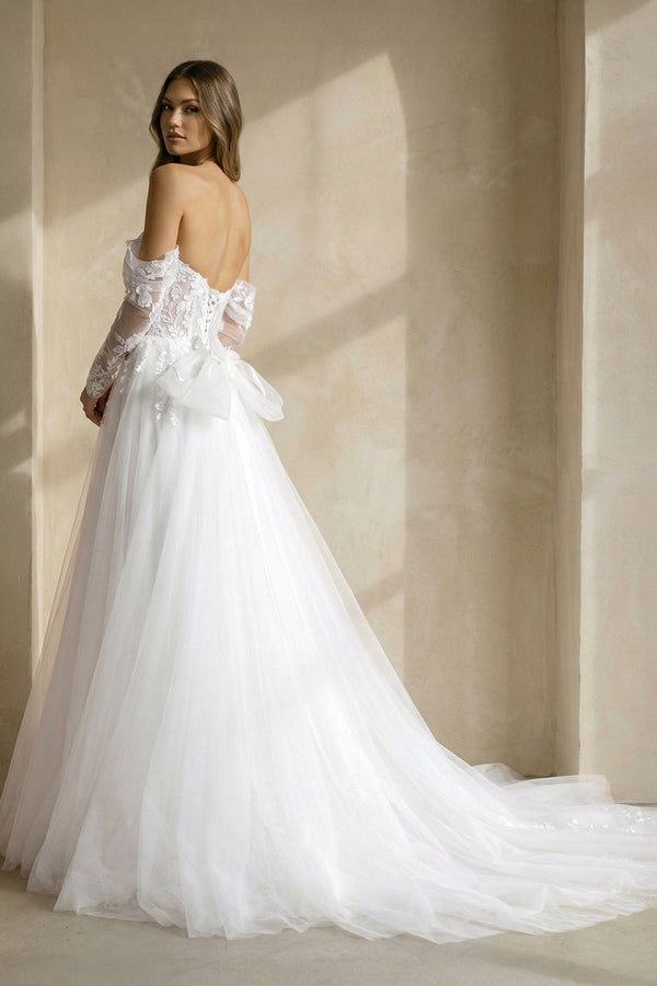 A Line Tulle Wedding Dress With Appliques in White - KISS BRIDAL Wedding Dresses