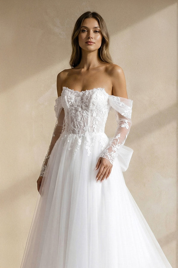 A Line Tulle Wedding Dress With Appliques in White - KISS BRIDAL Wedding Dresses