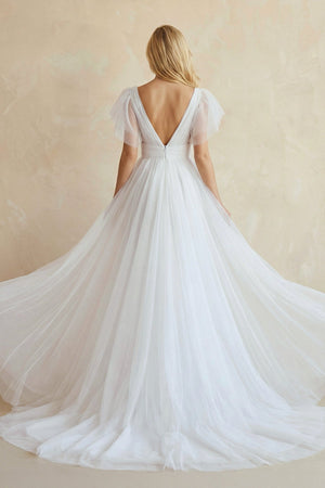 A - Line Tulle Wedding Dress With V - Neck in White - KISS BRIDAL Wedding Dresses