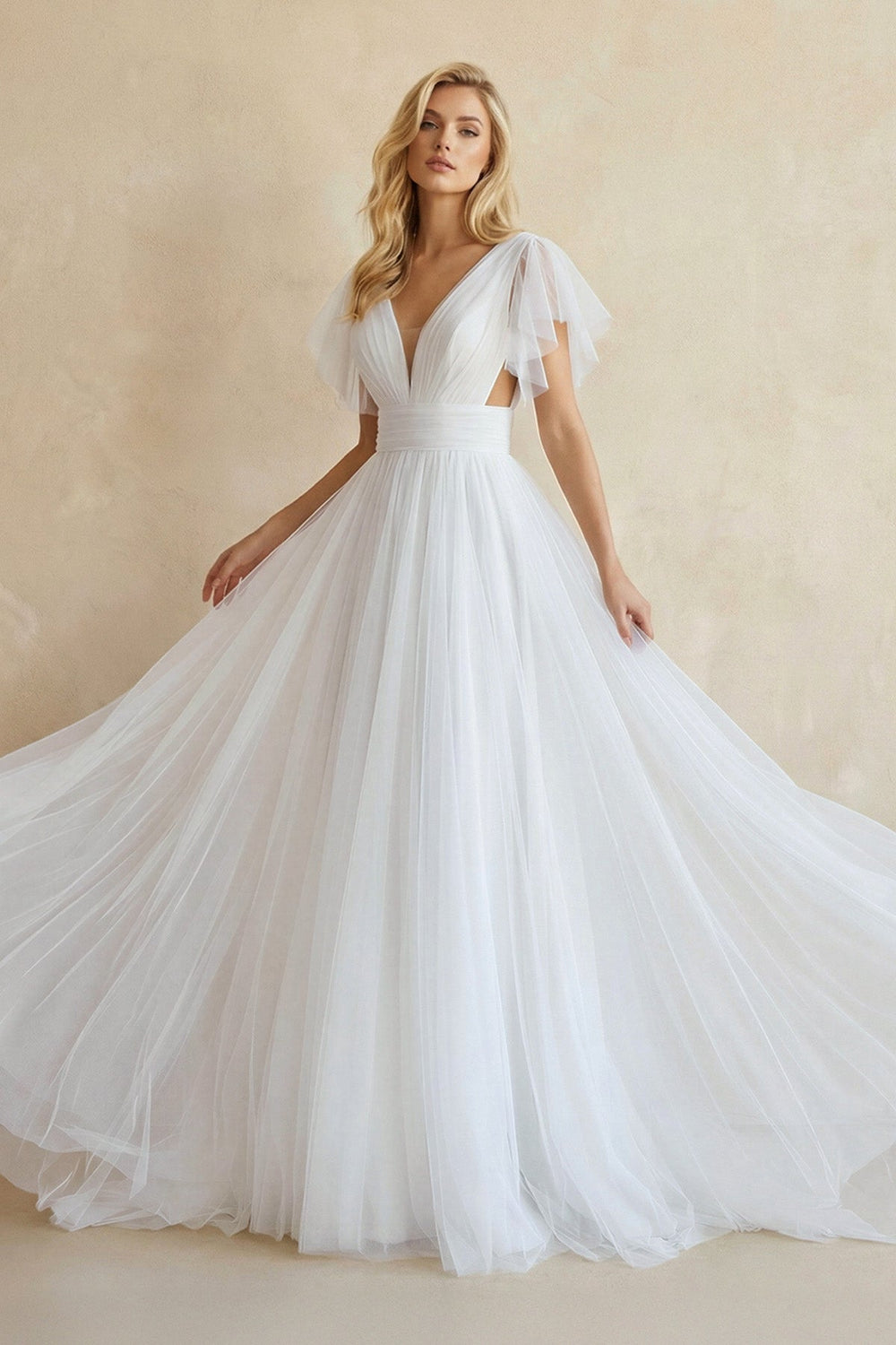 A-Line Tulle Wedding Dress With V-Neck in White