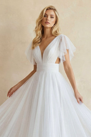 A - Line Tulle Wedding Dress With V - Neck in White - KISS BRIDAL Wedding Dresses