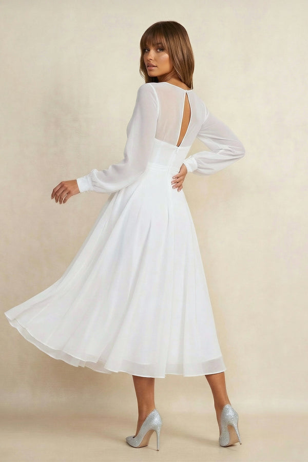 A Line V Neck Chiffon Long Sleeves Wedding Dress in White - KISS BRIDAL Wedding Dresses