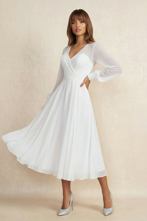 A Line V Neck Chiffon Long Sleeves Wedding Dress in White - KISS BRIDAL Wedding Dresses