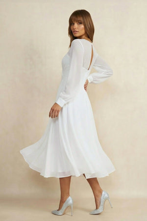 A Line V Neck Chiffon Long Sleeves Wedding Dress in White - KISS BRIDAL Wedding Dresses