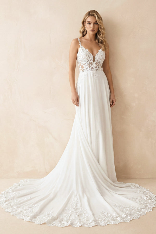 A Line V Neck Chiffon Wedding Dress With Appliques in White and Nude - KISS BRIDAL Wedding Dresses