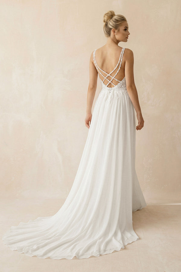 A - Line V - Neck Chiffon Wedding Dresses with Appliques in White - KISS BRIDAL Wedding Dresses