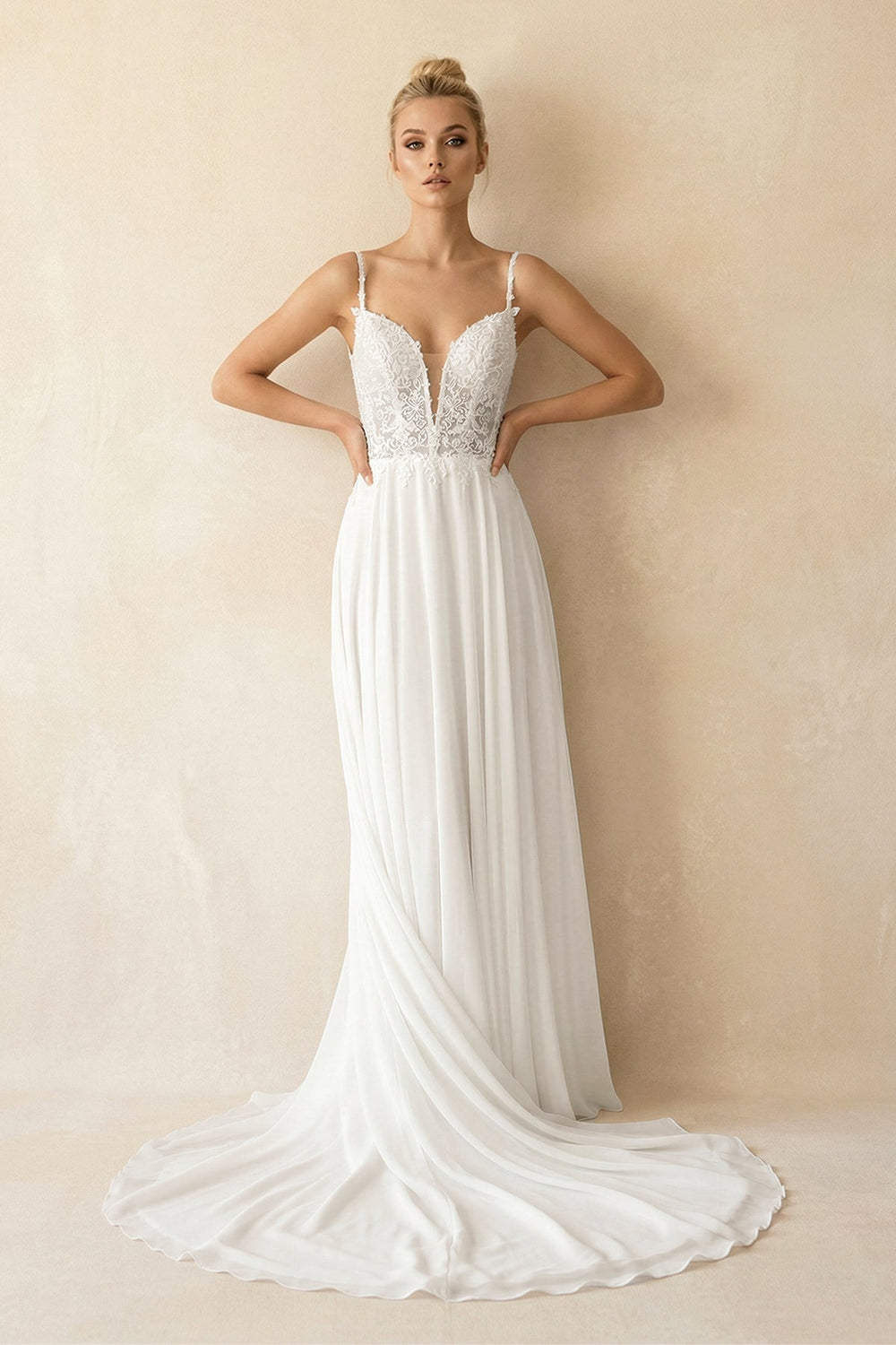 A-Line V-Neck Lace Chiffon Wedding Dresses in White