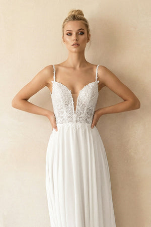 A - Line V - Neck Chiffon Wedding Dresses with Appliques in White - KISS BRIDAL Wedding Dresses