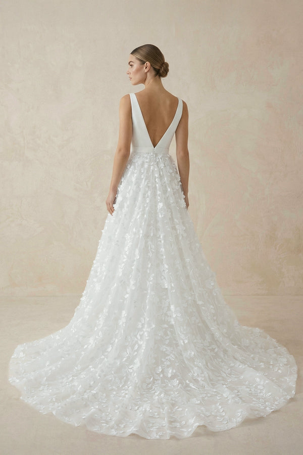 A Line V - Neck Lace Sleeveless Wedding Dresses - KISS BRIDAL Wedding Dresses