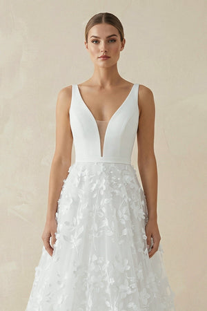 A Line V - Neck Lace Sleeveless Wedding Dresses - KISS BRIDAL Wedding Dresses