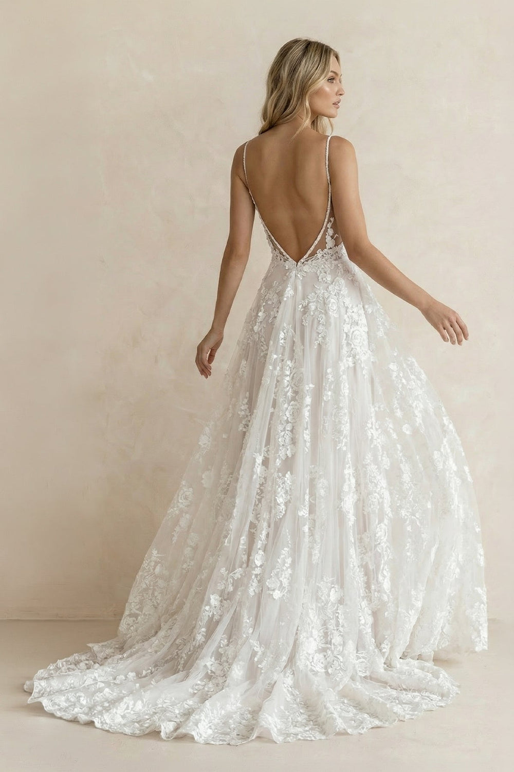 A Line V Neck Lace Wedding Dress With Slit