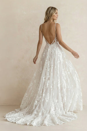 A Line V Neck Lace Wedding Dress With Slit - KISS BRIDAL Wedding Dresses
