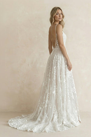 A Line V Neck Lace Wedding Dress With Slit - KISS BRIDAL Wedding Dresses